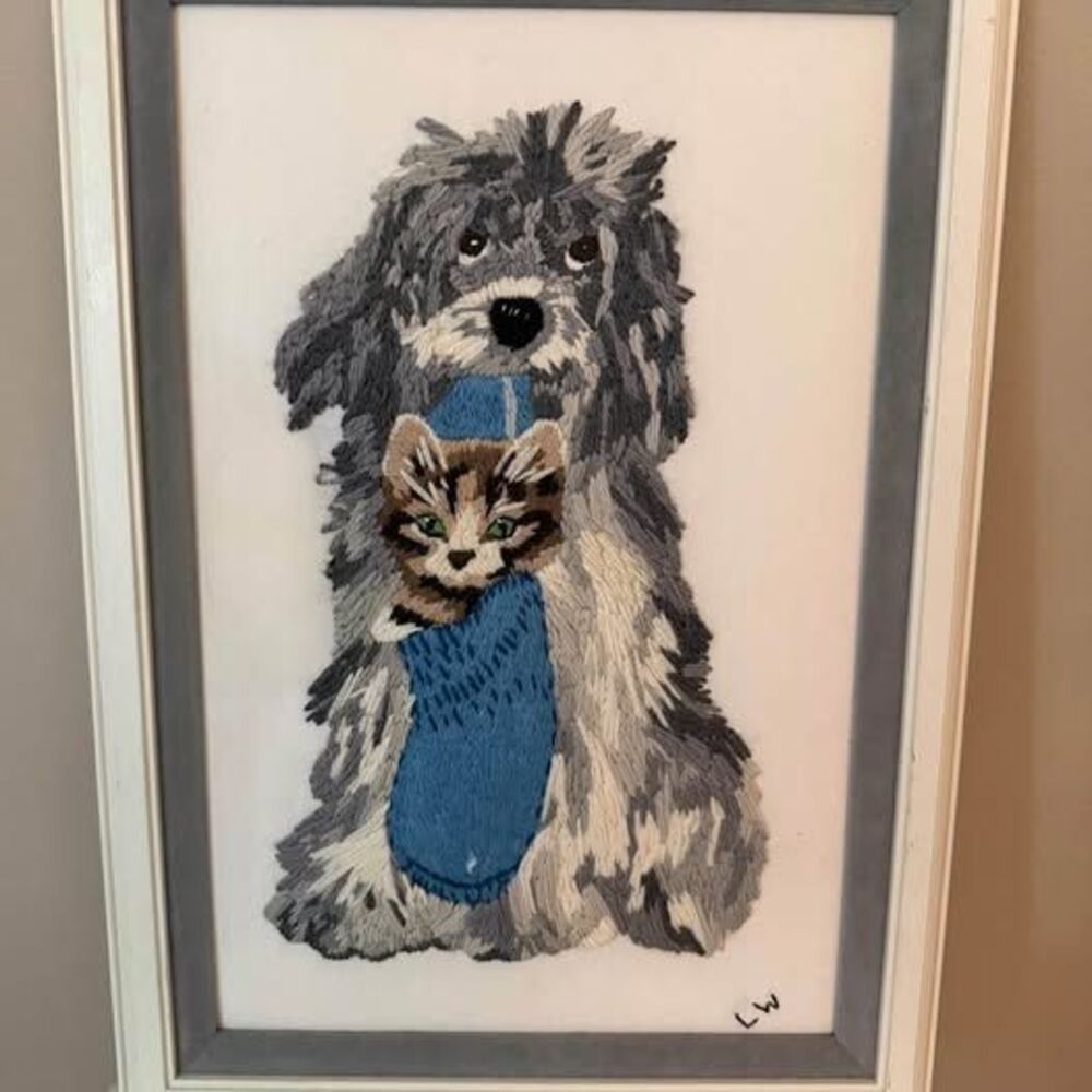 Vintage Crewel Embroidery Framed Shaggy Grey Doodle Dog Kitty Cat in Sock 18”